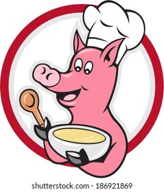 Illustration of a pig chef cook with spoon holding hot bowl of soup set inside circle shape done in cartoon style on isolated white background.