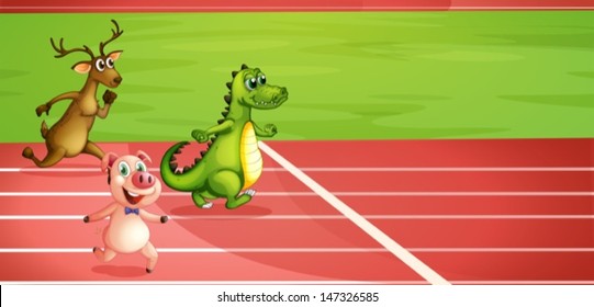 Illustration of a pig, a crocodile and a deer running 