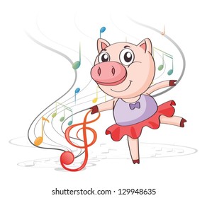 Illustration of a pig dancing with musical notes on a white background