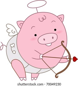 Illustration of a Pig Dressed as Cupid