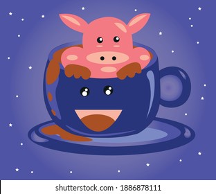 Illustration of a pig enjoy relaxing in a coffee cup. It can be used for sticker, patch, phone case, poster, t-shirt, mug and other design.