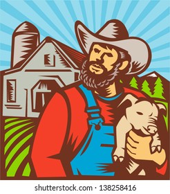 Illustration of pig farmer with piglet facing front with farmhouse barn building in background done in retro woodcut style.