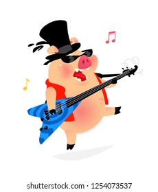 Illustration of a pig in a hat with a guitar. Vector. Rock performer of popular songs in the costume of a pig. Character mascot for music club, cafe, karaoke. Bright cartoon image.