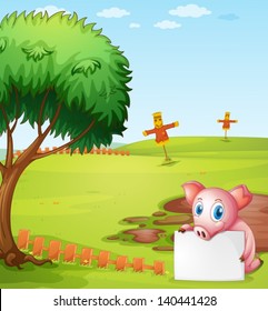 Illustration of a pig holding an empty board at the farm