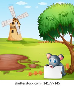 Illustration of a pig holding an empty paper in front of a farm