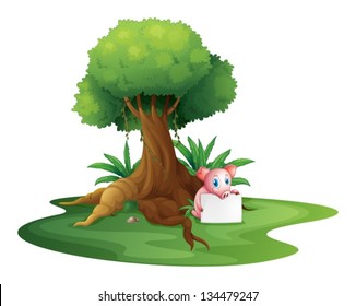 Illustration of a pig holding an empty signage under the big tree on a white background