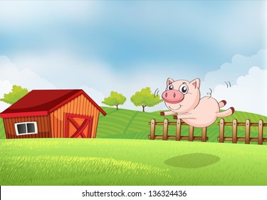 Illustration of a pig jumping at the farm