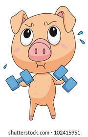 Illustration of pig lifting weights
