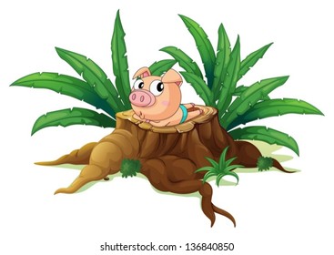 Illustration of a pig lying down above the wood on a white background