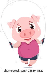 Illustration of a Pig Mascot Exercising and Using a Jumping Rope