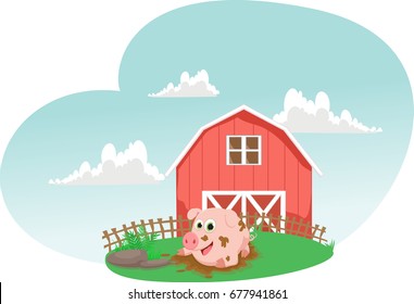 illustration of pig play in a mud puddle. Farm life