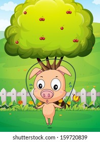 Illustration of a pig playing skipping rope near the tree