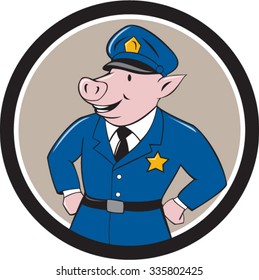 Illustration of a pig policeman police officer sheriff with hands on hips looking to the side viewed from front set inside circle on isolated background done in cartoon style.