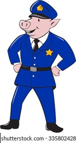 Illustration of a pig policeman police officer sheriff with hands on hips looking to the side viewed from front set on isolated white background done in cartoon style.