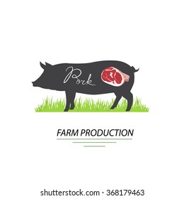 Illustration of pig. Pork farm production, vector. Can be used in your own advertisement purposes, products design and etc.