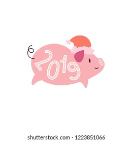 Illustration of pig with santa hat and 2019. Year symbol