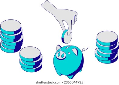 Illustration of a pig saving money in a piggy bank. Isometric composition. Image of savings, savings, investment. Illustration in cool shades of blue.