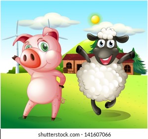 Illustration of a pig and a sheep dancing at the farm with a windmill