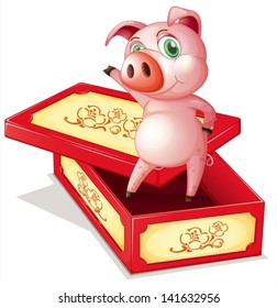Illustration of a pig standing inside a box on a white background