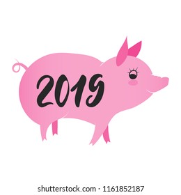 Illustration of pig as symbol of Chinese zodiac sign. 2019 Eastern pig year. Fun brush pink vector image for banners, greeting card, poster design