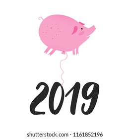 Illustration of pig as symbol of Chinese zodiac sign. 2019 Eastern pig year. Fun brush pink vector image for banners, greeting card, poster design