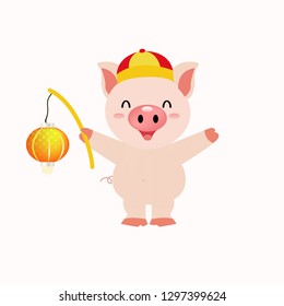 illustration of a pig using a chinese hat and lantern with vector-happy expressions