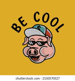 illustration of a pig wearing sunglasses and a hat in vintage style