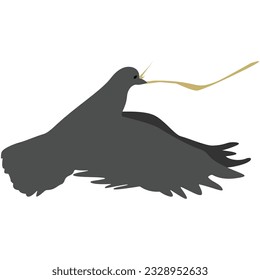 Illustration of a pigeon in flight with a piece of straw