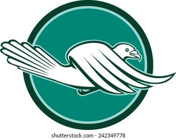 Illustration of a pigeon racing flying viewed from side site inside circle on isolated background done in retro style.