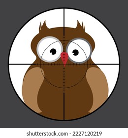 Illustration of pigeon in rifle sight while hunting. The wild animal in focus of hunter. Process of hunting.