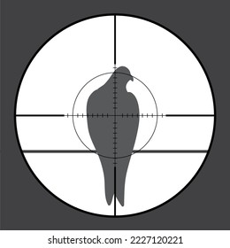 Illustration of pigeon in rifle sight while hunting. The wild animal in focus of hunter. Process of hunting.