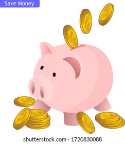 
illustration of a piggy bank with dollar coins. Save Money