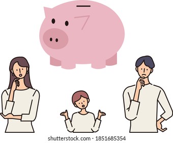 Illustration of piggy bank and family