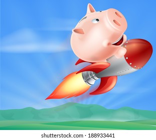 An illustration of a piggy bank on top of a rocket flying through the air over a landscape