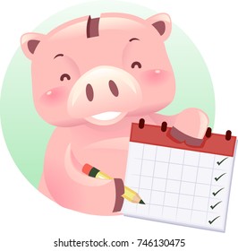 Illustration of a Piggy Bank Robot Holding a Calendar with Check Marks