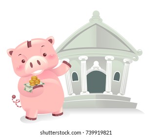 Illustration of a Piggy Bank Robot Taking Cash to the Bank