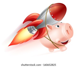 An illustration of a piggy bank with a rocket on his back flying through the air