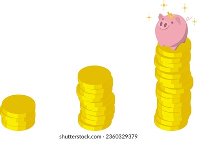 Illustration of a piggy bank with steadily increasing assets. Isometric composition. The image of assets increasing through investment and asset building.