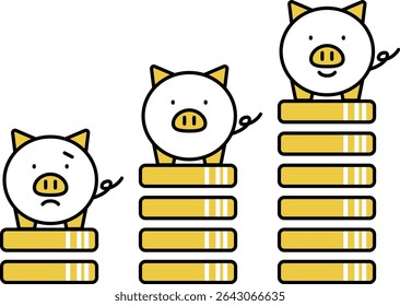 Illustration of a piggy bank with various expressions and increasing money