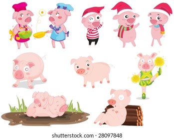 an illustration of pigs doing different things