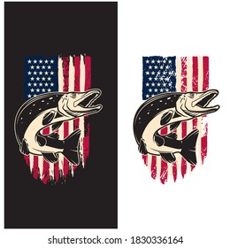 Illustration of pike fish of background of usa flag in grunge style. Design element for poster,card, banner, sign, emblem. Vector illustration