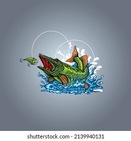 Illustration with with a pike on the hunt. Hand-drawn style image for printing on T-shirts.