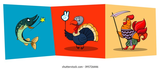 Illustration of pike, turkey and rooster