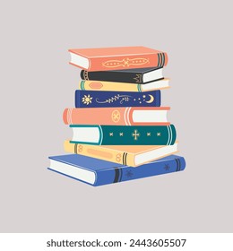 Illustration of a pile of books piled up with various old books