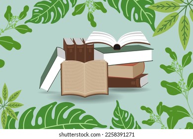 illustration of pile of books to read. world book day Stack of various textbooks in hardcover, open notebooks on light green background. Literature, education concept. Education vector illustration