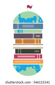 Illustration of a Pile of Books Sandwiched Between the Cross Section of a Globe