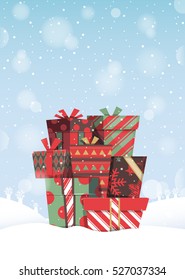 Illustration of a pile of Christmas gifts with colorful patterns for winter holiday.
