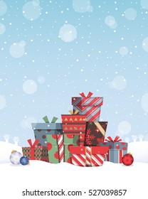 Illustration of a pile of Christmas gifts with colorful patterns for winter holiday.