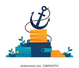 Illustration of pile of coins in a wallet weighed down by anchor a metaphor for saving and hoarding wealth. Can be used for posters, websites, brochures, banners