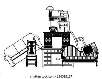 Illustration of a pile of furniture. Could be used for home insurance related or house clearance and moving home.